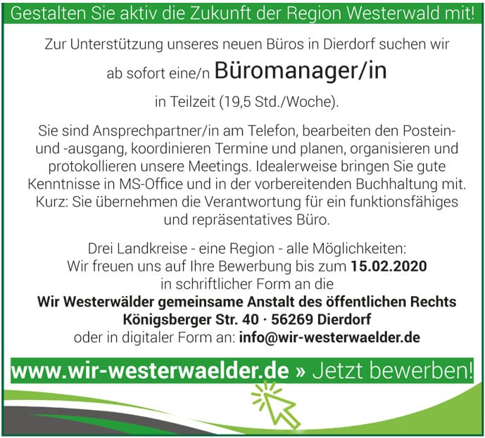 Stellenanzeige Bürokraft Geschäftsstelle Dierdorf - Wir Westerwälder-short